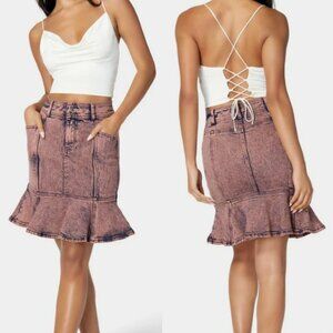 Bebe Flounce detail Denim Skirt, Pink, size 25 (XS)